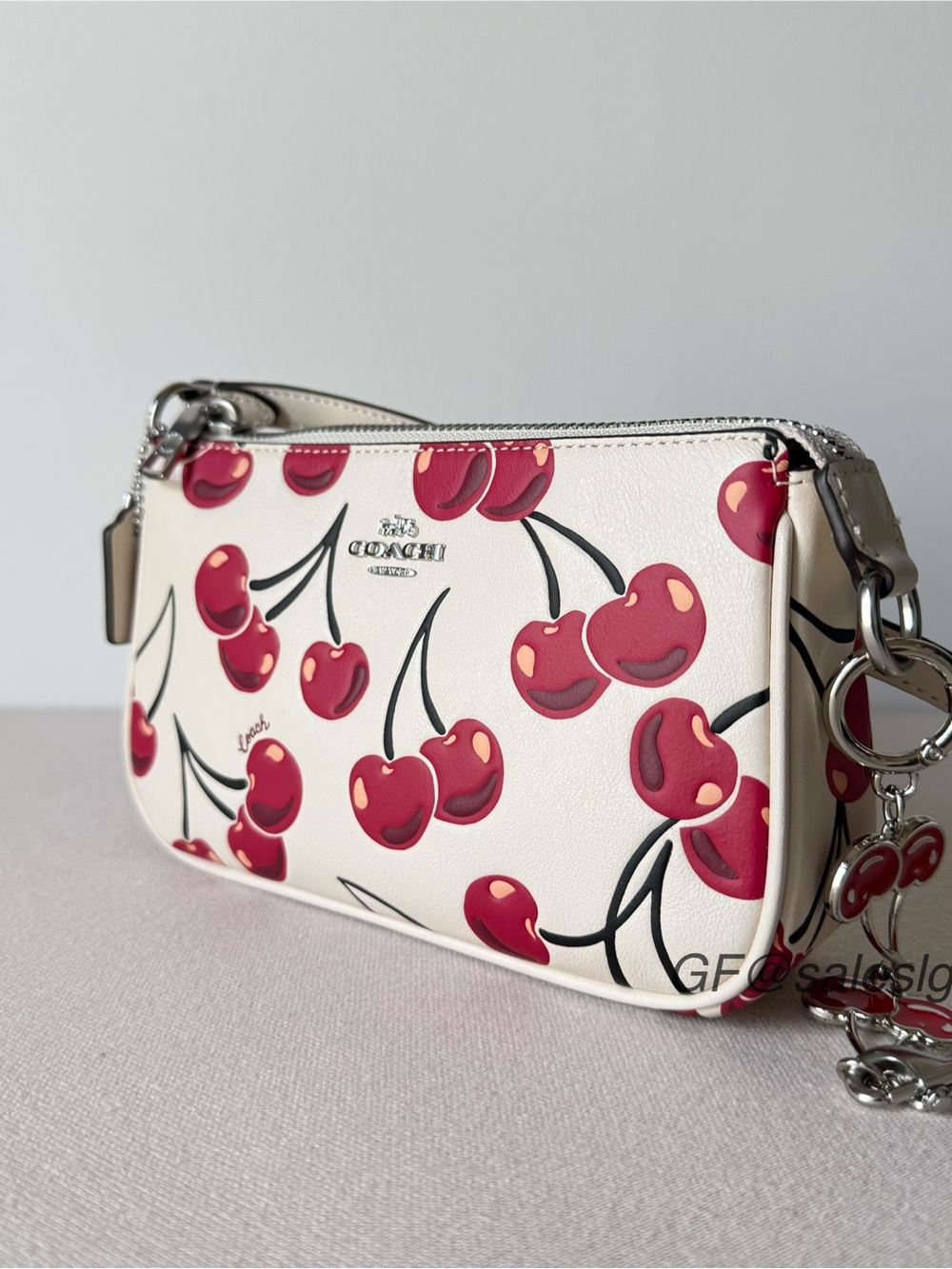 NWT Coach Nolita 19 Cherry Print Wristlet Small bag Red / Chalk + chain extender